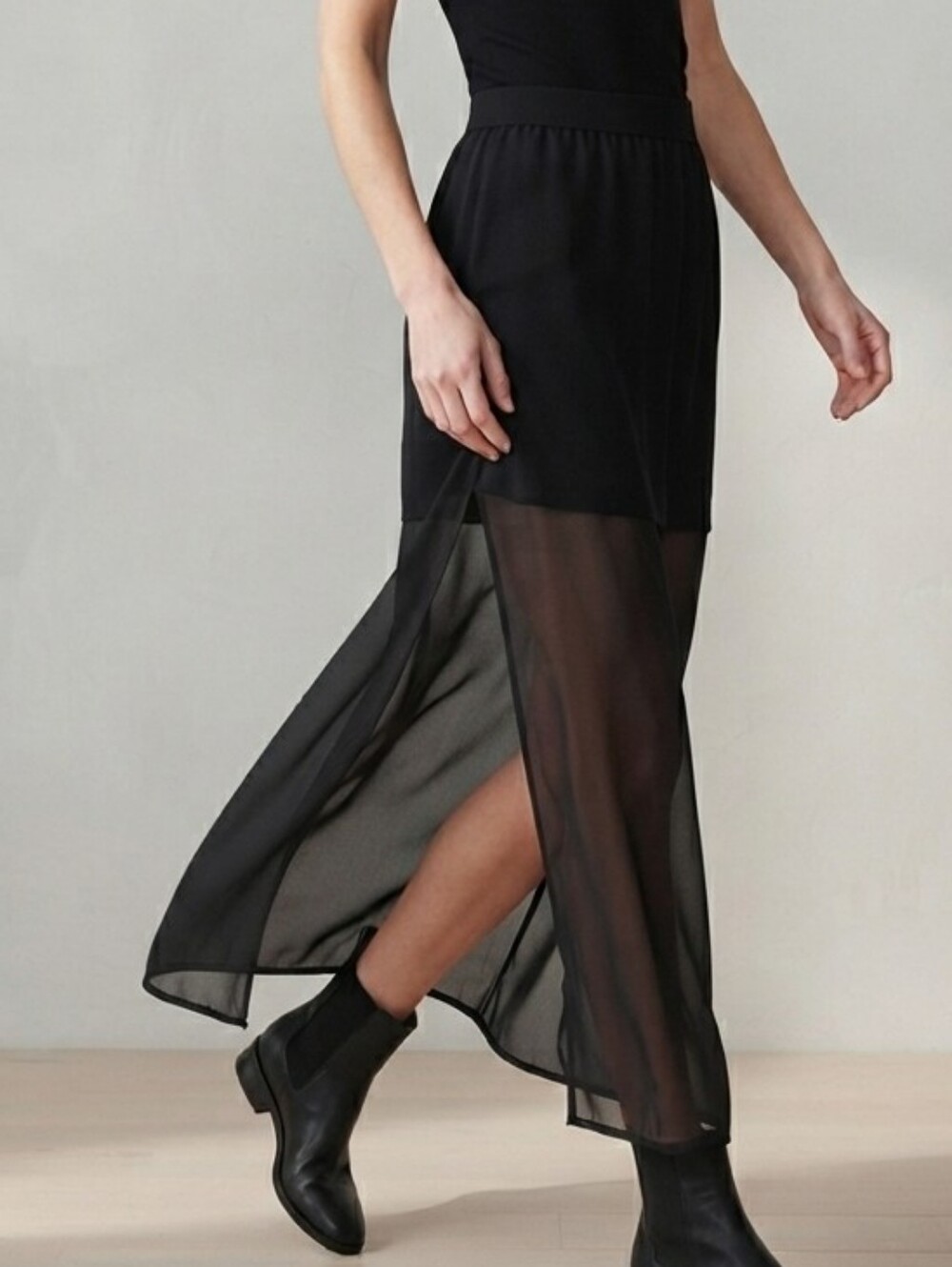 BONGO Black Sheer-Panel Maxi Skirt w/a Shorter Under Skirt Inside Sz Size Large